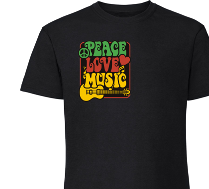 peace love music; Men/Unisex T-Shirt Zwart ,100% katoen,Gewicht:155 g/m².